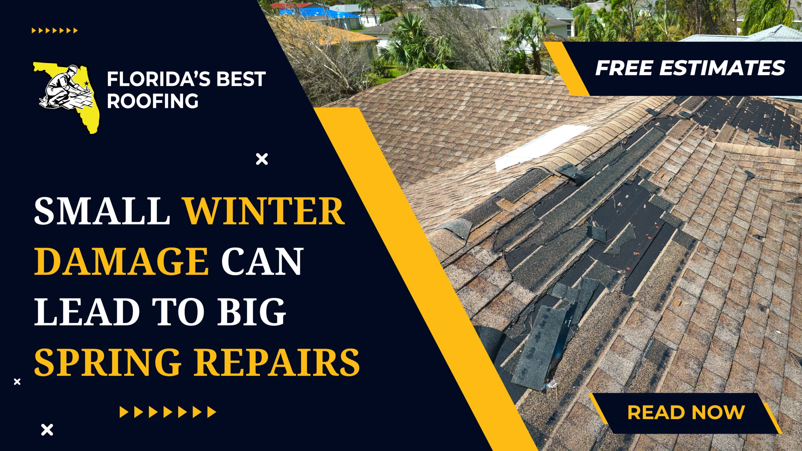Winter roof damage with missing shingles on a residential home in Palm Coast, Florida – small winter damage can lead to costly spring roof repairs